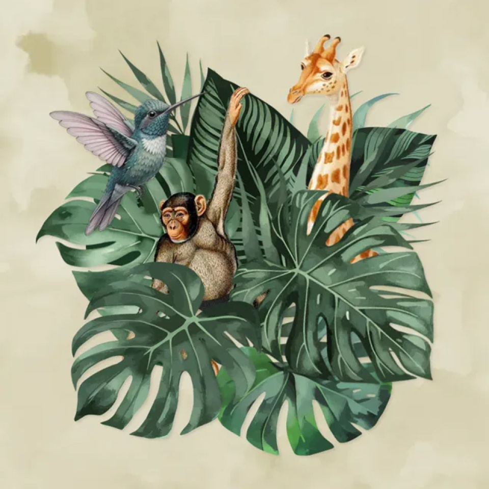 Affe und Giraffe zwischen Monstera-Blättern.