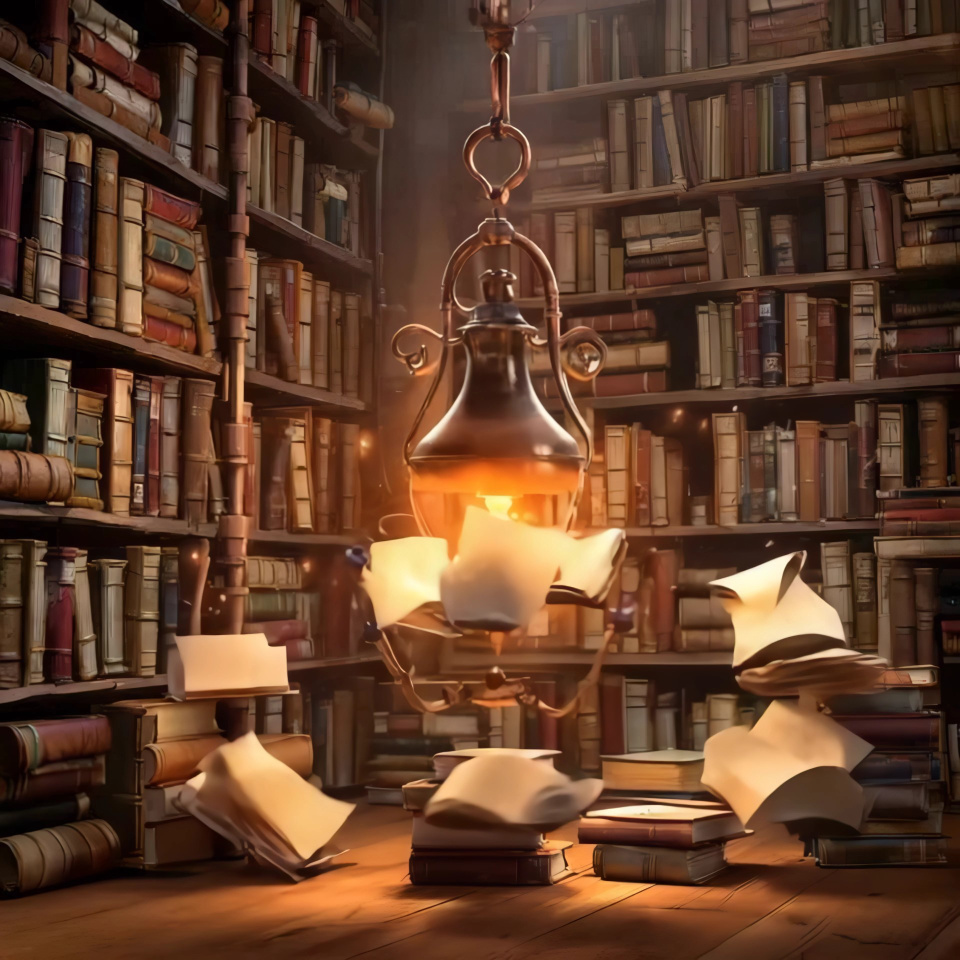 Bücher fliegen unter Lampe in der Bibliothek